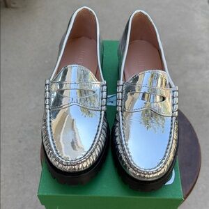 J. Crew Winona Shiny Silver Penny Loafers with Lug Sole